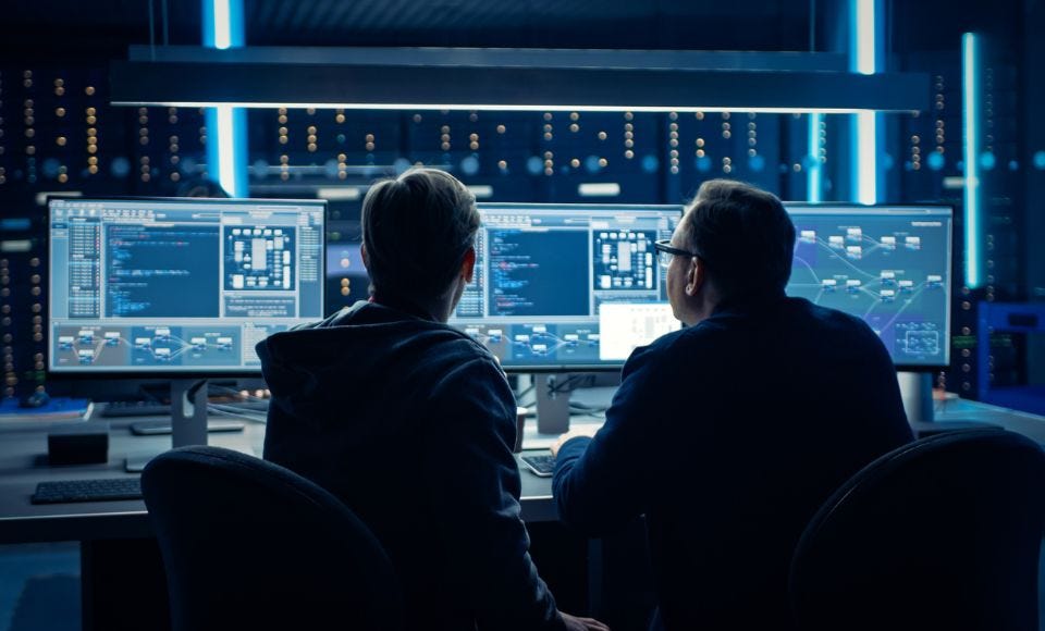 Zwei Männer vor mehreren Bildschirmen mit Code.