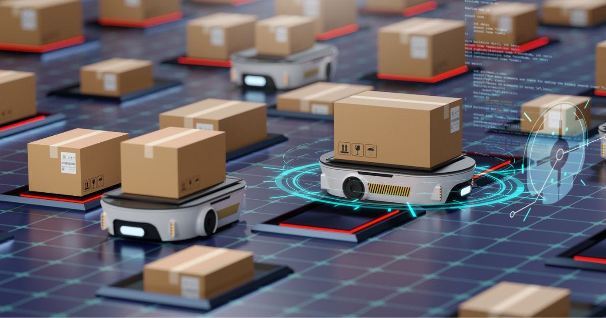 Roboter die in einer Logistikhalle viele Pakete einzeln sortieren und transportieren