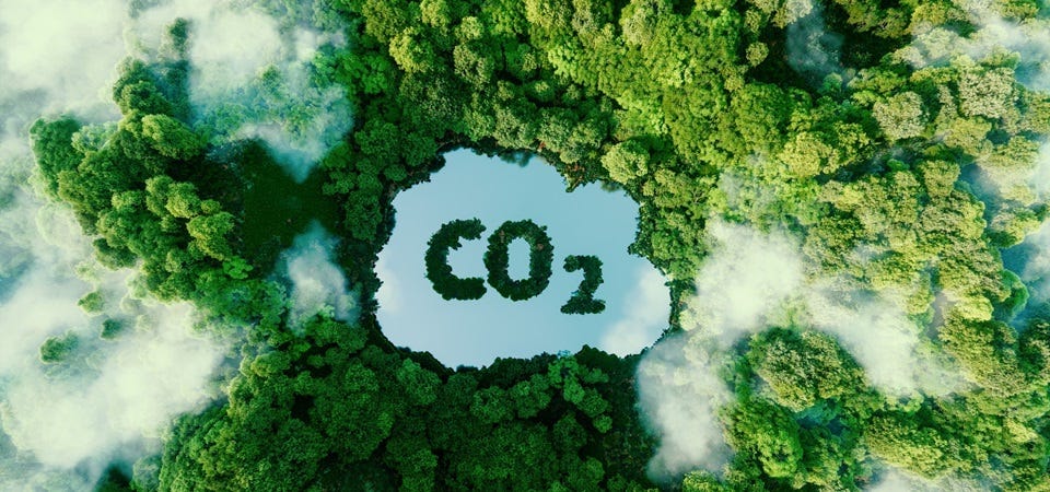 Luftaufnahme eines tropischen Regenwalds mit einem See in Form des Symbols &bdquo;CO₂" als Sinnbild f&uuml;r Klimawandel.