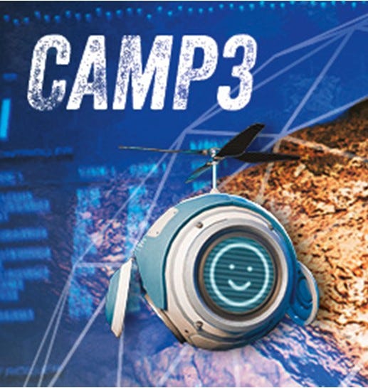 Das Bild zeigt ein stilisiertes Logo mit der Aufschrift "CAMP3" und einem futuristisch aussehenden Gerät, das einem Roboter ähnelt. Das Gerät trägt ein freundliches, lächelndes Gesicht und scheint eine Art technisches Gadget darzustellen. 