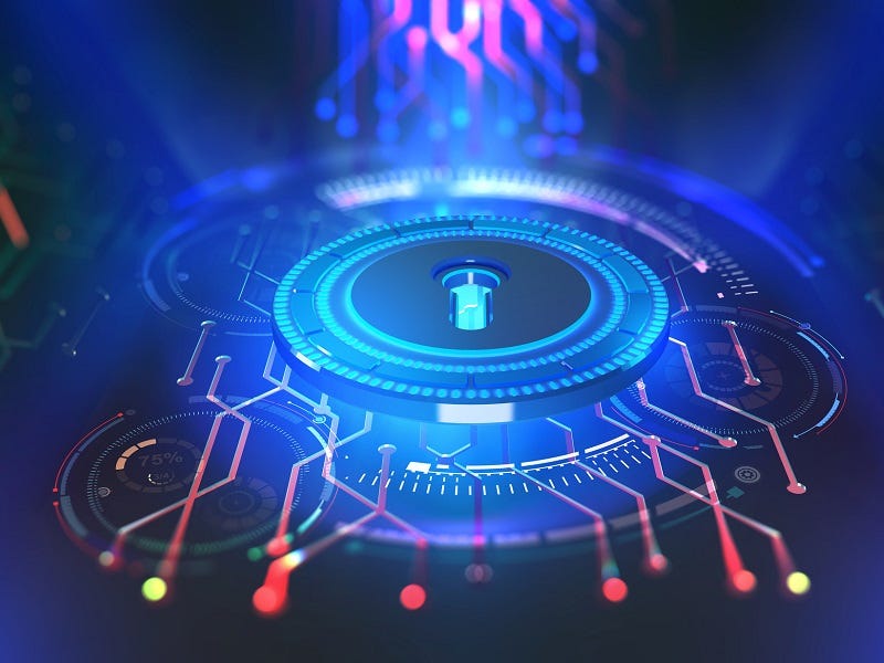 Abstraktes Bild eines digitalen Schlosses mit leuchtenden, kreisförmigen Datenleitungen, das Cybersicherheit oder Verschlüsselung symbolisiert.