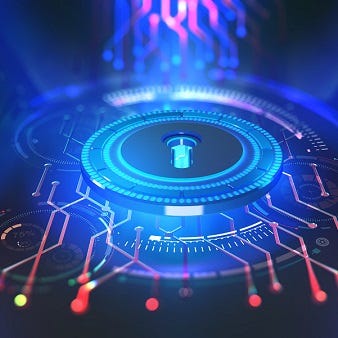 Abstraktes Bild eines digitalen Schlosses mit leuchtenden, kreisförmigen Datenleitungen, das Cybersicherheit oder Verschlüsselung symbolisiert.