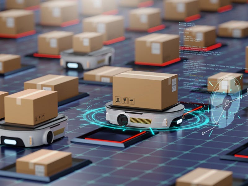 Automatisiertes Logistikzentrum mit zahlreichen autonomen Transportrobotern, die Pakete auf einem intelligenten, vernetzten Boden bewegen. Digitale Overlays zeigen moderne Steuerungs- und Optimierungsprozesse in der Lagerverwaltung.