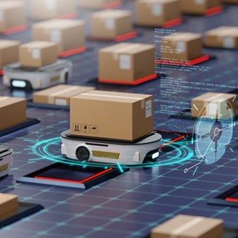Automatisiertes Logistikzentrum mit zahlreichen autonomen Transportrobotern, die Pakete auf einem intelligenten, vernetzten Boden bewegen. Digitale Overlays zeigen moderne Steuerungs- und Optimierungsprozesse in der Lagerverwaltung.