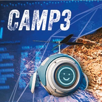 Das Bild zeigt ein stilisiertes Logo mit der Aufschrift "CAMP3" und einem futuristisch aussehenden Gerät, das einem Roboter ähnelt. Das Gerät trägt ein freundliches, lächelndes Gesicht und scheint eine Art technisches Gadget darzustellen. 