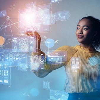 Eine Fachkraft interagiert intuitiv mit einer digitalen Benutzeroberfläche – Symbol für Fortschritt, datengetriebene Entscheidungen und die nächste Stufe Generativer AI .