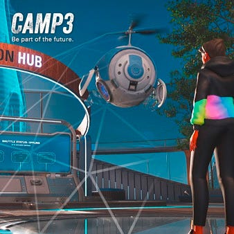 Bild aus der virtuellen Welt von CAMP3 mit einem Avatar und einem Roboter