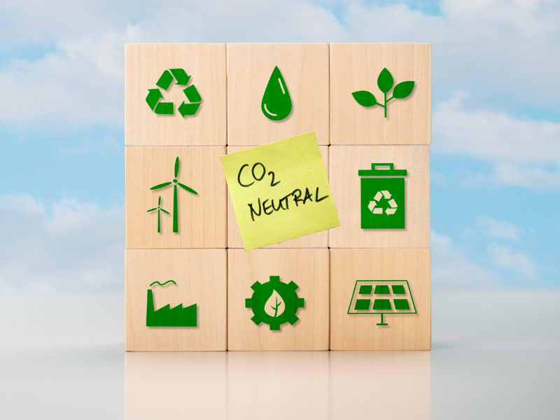 Netto-Null-Ziel für Treibhausgasemissionen. Langfristige Klimaneutralitätsstrategie. Holzwürfel mit grünem Symbol auf blauem Hintergrund.