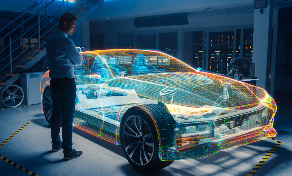 Mann der auf die schemenhaften Umrisse eines futuristischen Autos schaut