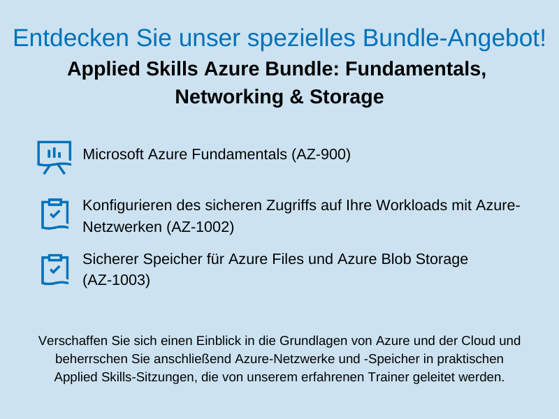 Abbildung von der Ausbildung Applied Skills Azure Bundle: Fundamentals, Networking & Storage