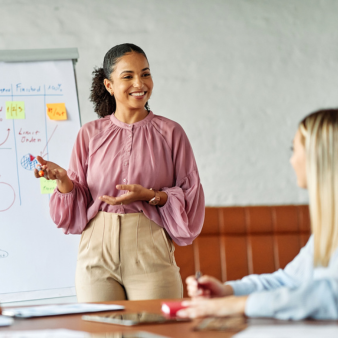 Eine Frau pr&auml;sentiert vor einem Flip Chart. 2 Kollegen gucken sie an.