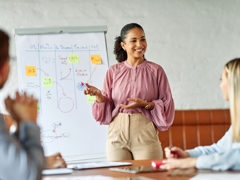 Eine Frau pr&auml;sentiert vor einem Flip Chart. 2 Kollegen gucken sie an.