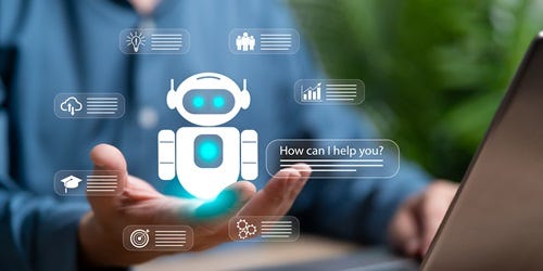 Ein KI-Assistent als Roboter-Symbol fragt "Wie kann ich helfen?". Daneben Icons für Bildung und Analyse.