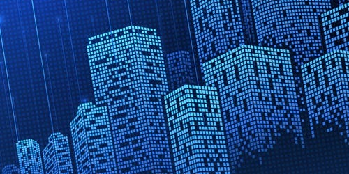 Abstrakte blaue Skyline aus leuchtenden Geb&auml;udestrukturen und digitalen Rasterlinien vor dunklem Hintergrund.