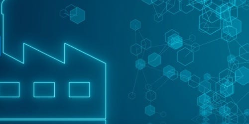 Neonblaue Fabrik-Silhouette auf blauem Hintergrund mit hexagonalen Netzwerkmustern.
