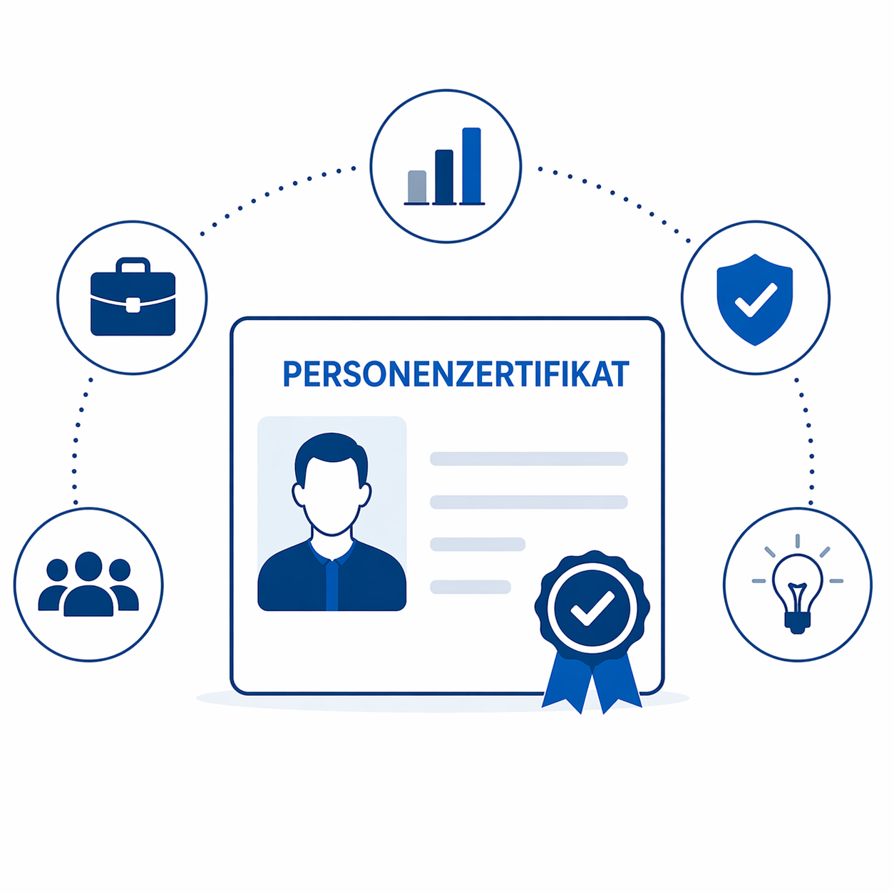 Illustration eines Personenzertifikats mit Kompetenzsymbolen f&uuml;r gepr&uuml;fte F&auml;higkeiten und Qualifikation