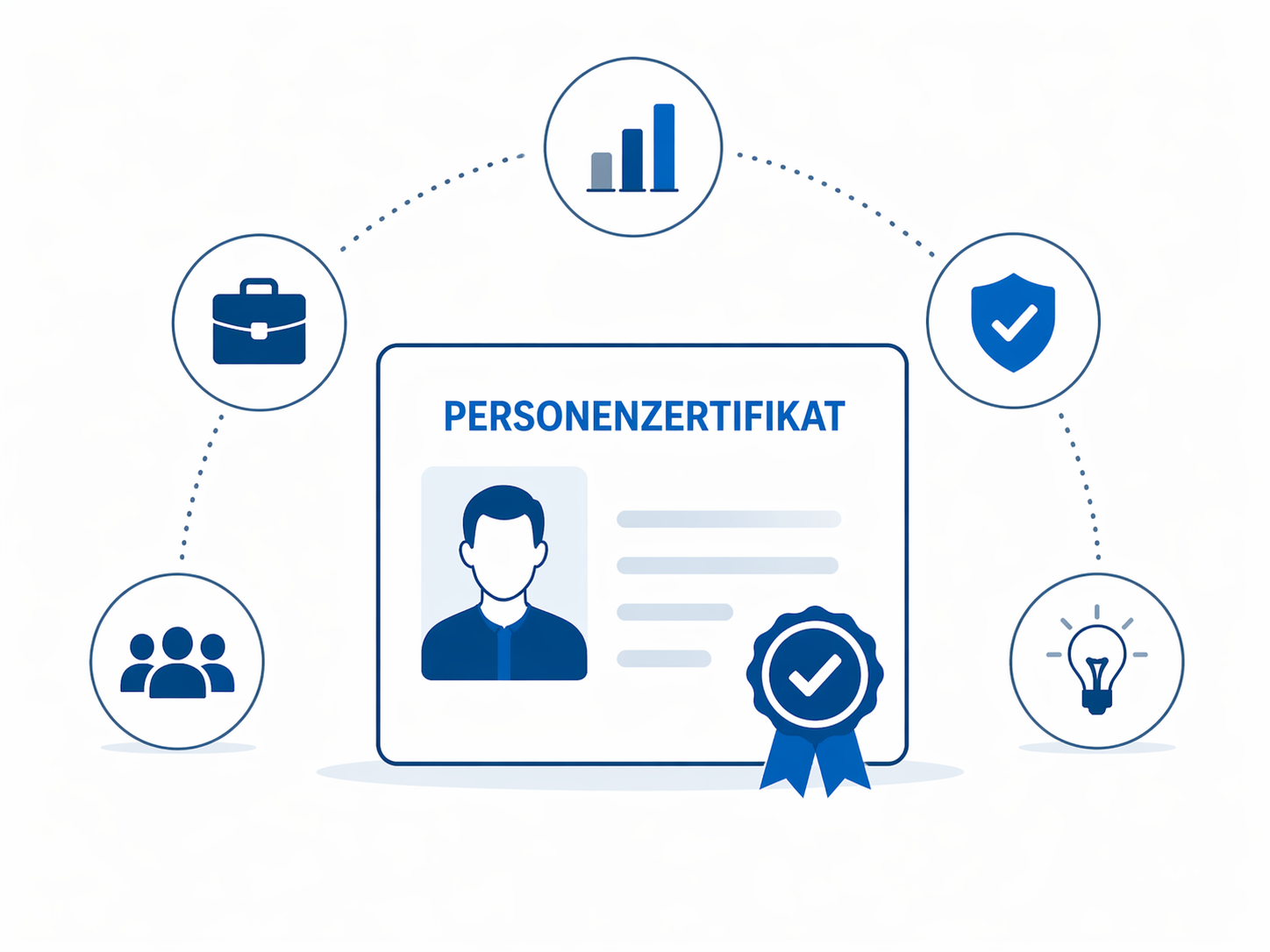 Illustration eines Personenzertifikats mit Kompetenzsymbolen f&uuml;r gepr&uuml;fte F&auml;higkeiten und Qualifikation