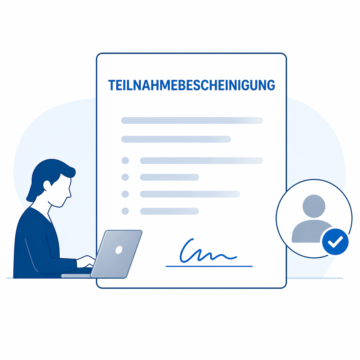 Illustration einer Teilnahmebescheinigung mit Person am Laptop als Symbol f&uuml;r best&auml;tigte Teilnahme