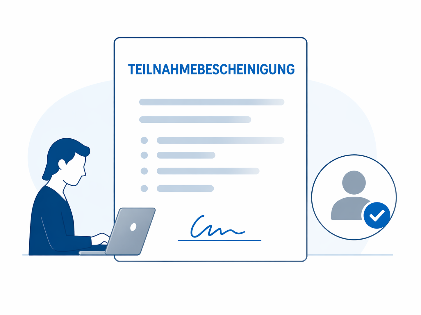 Illustration einer Teilnahmebescheinigung mit Person am Laptop als Symbol f&uuml;r best&auml;tigte Teilnahme