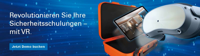 VR-Brille mit VRSTB der TÜV Rheinland Akademie und Text "Revolutionieren Sie Ihre Sicherheitsschulungen mit VR. Jetzt Demo buchen!"