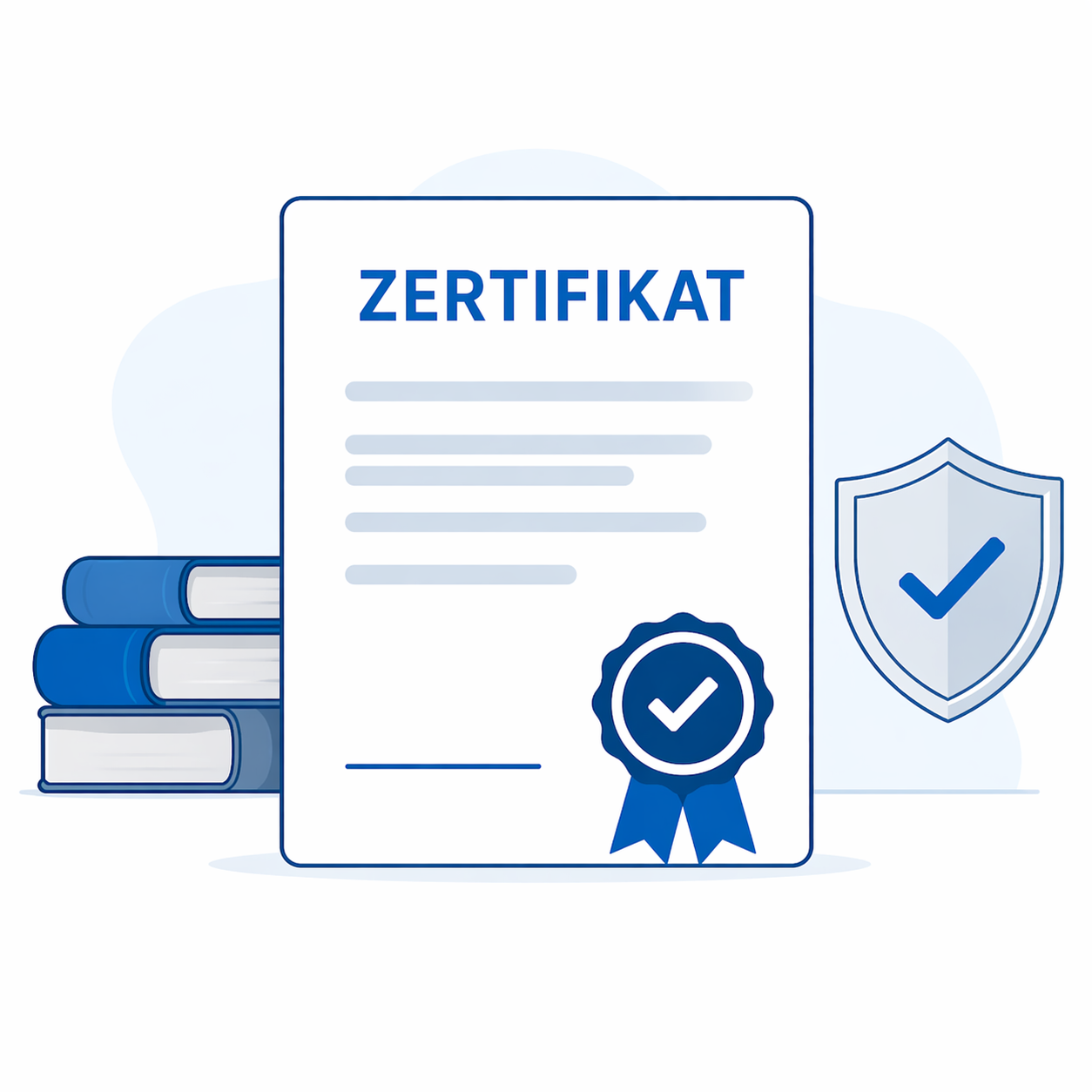 Illustration eines Zertifikats mit Siegel und B&uuml;chern als Symbol f&uuml;r nachgewiesenes Wissen