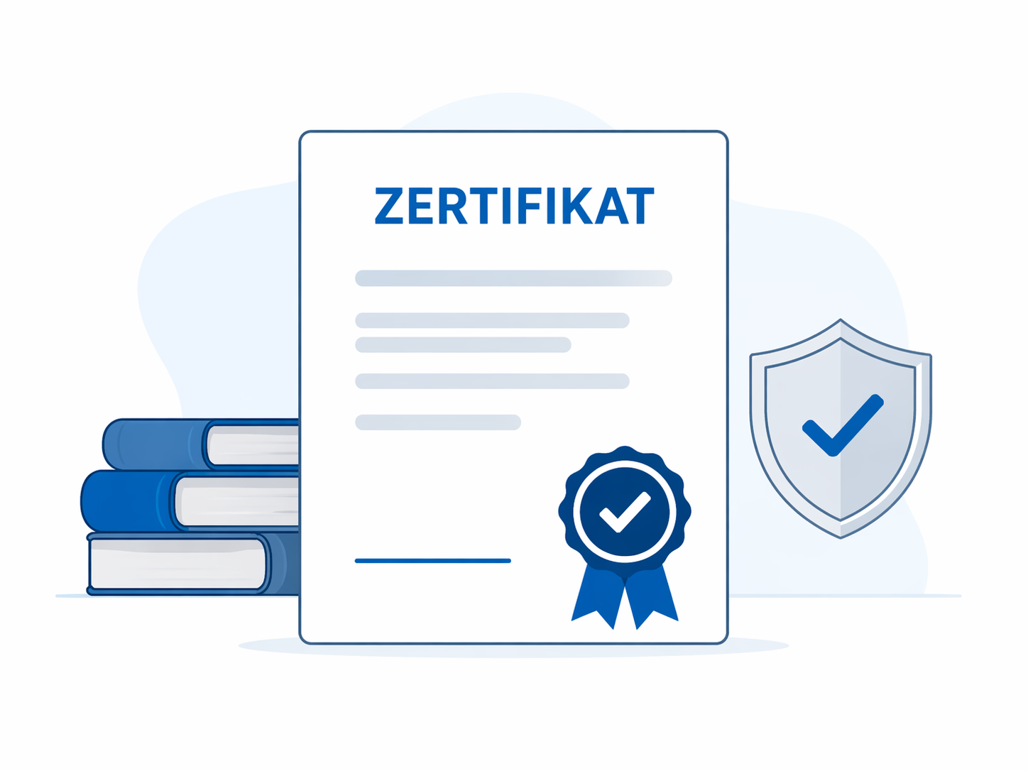 Illustration eines Zertifikats mit Siegel und B&uuml;chern als Symbol f&uuml;r nachgewiesenes Wissen
