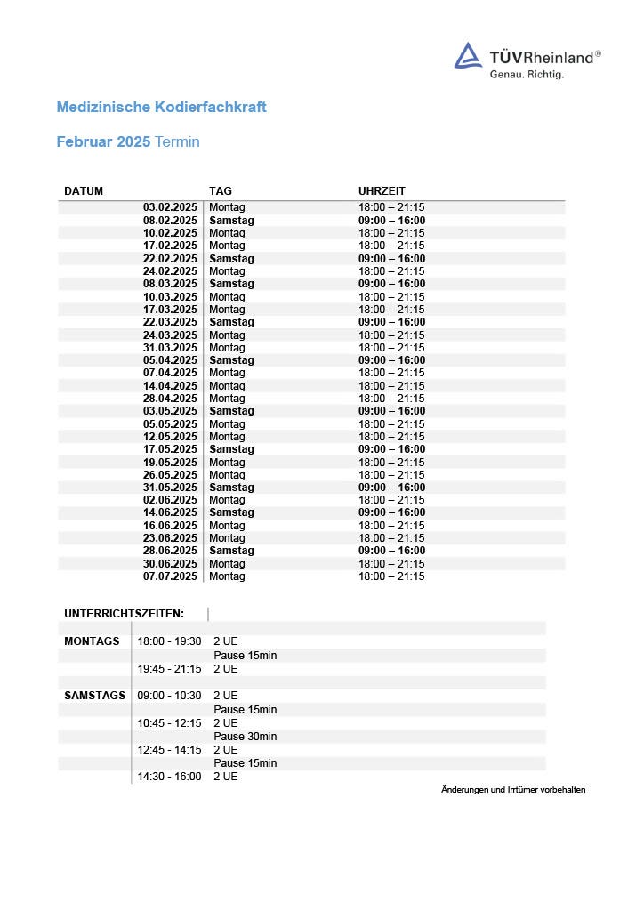 Ablaufplan Medizinische Kodierfachkraft (TÜV)