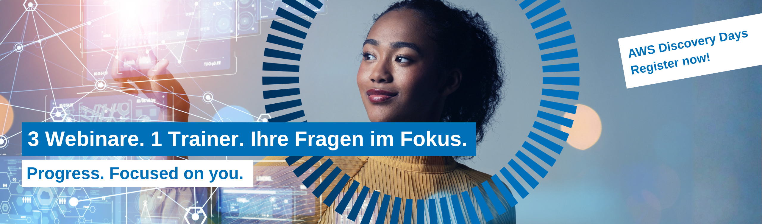 AWS Discovery Days: Frau vor digitaler Technologie-Grafik; Hinweis auf drei Webinare mit einem Trainer und Registrierung.